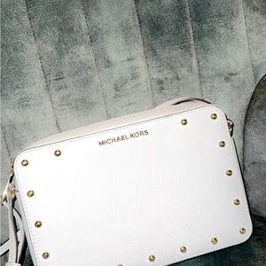 Michael Kors White and Gold Crossbody Bag with Studded Details